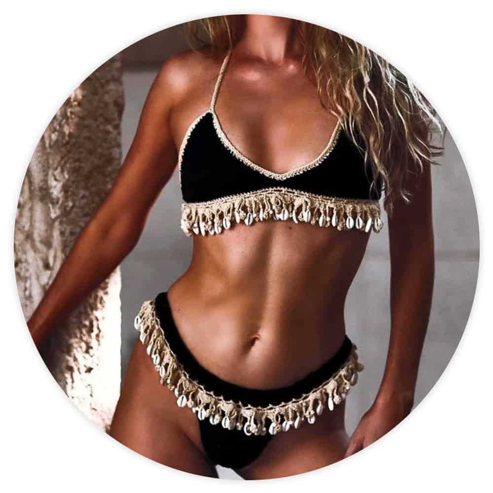 Badeanzug Brasilianischer Häkelbikini In Schwarz Mit Muscheln