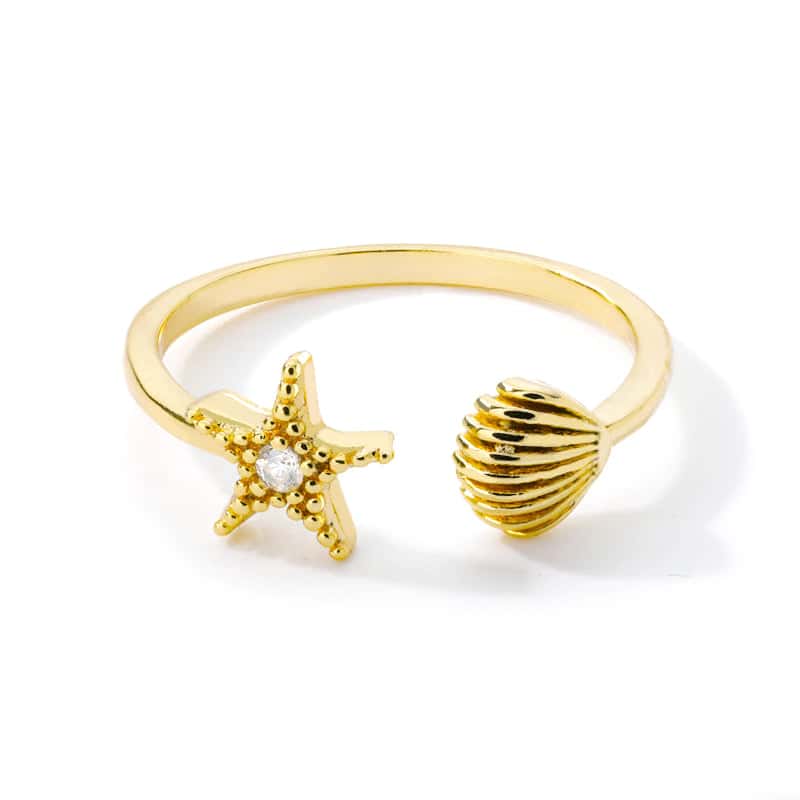 Muschelring Goldener Seestern Mit Eingelassener Perle
