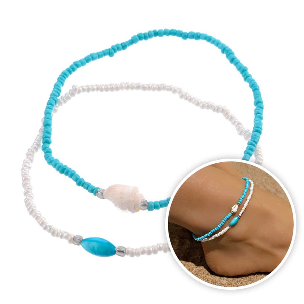 Fußkettchen Muschel Weiße Und Blaue Perlen
