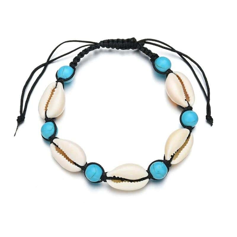 Muschelarmband Kauri, Blaue Perlen Und Schwarzes Band