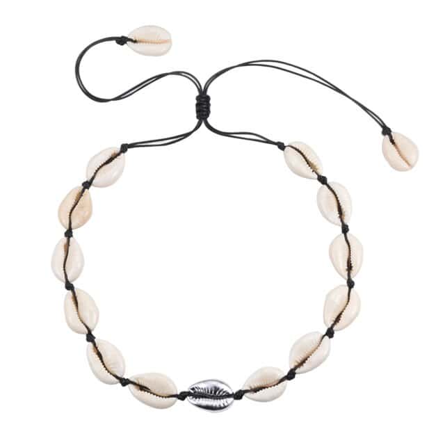 Muschelkette Silberne Kauri Mit Schwarzem Kordel
