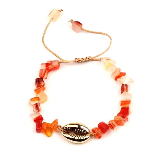 Muschelarmband Goldener Kauri Und Rote Steine