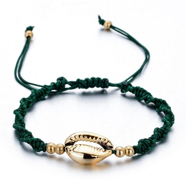 Muschelarmband Goldener Kauri Und Grünes Band