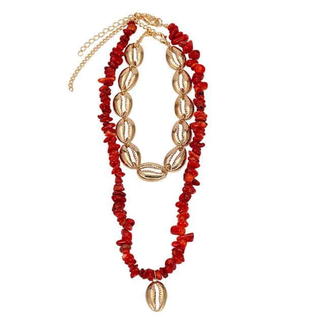 Muschelkette Goldene Kauri Und Rote Perlen