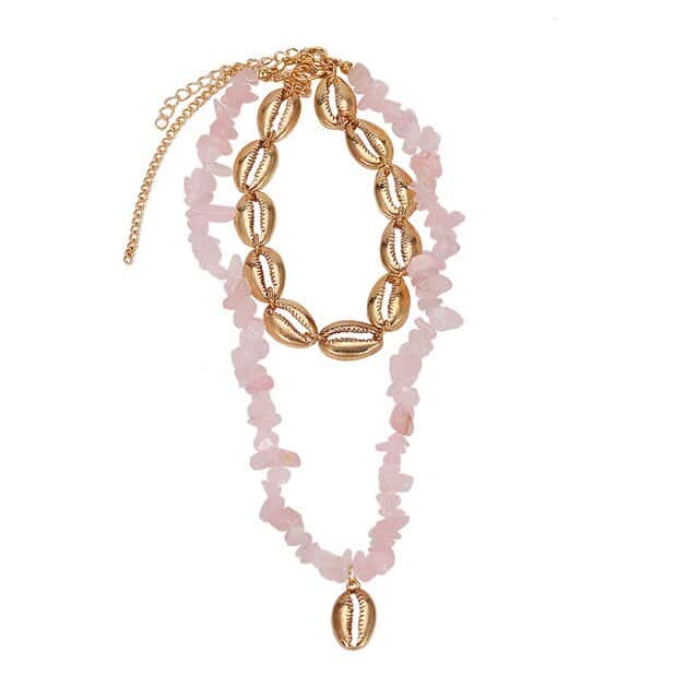 Muschelkette Goldene Kauri Und Rosafarbene Perlen