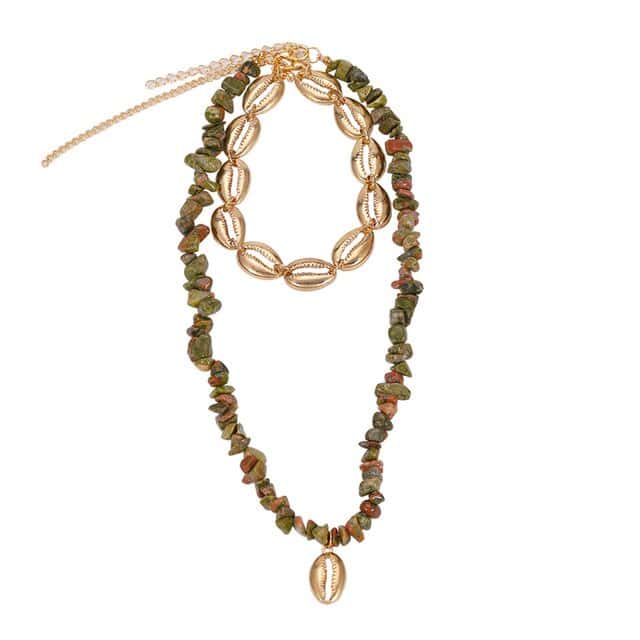 Muschelkette Goldene Kauri Und Grüne Perlen