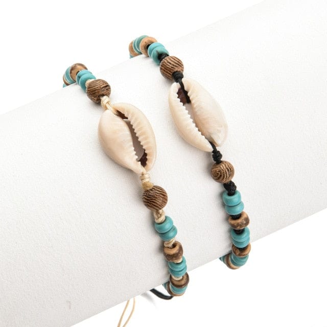 Muschelarmband Doppelte Kauri-, Holz- Und Perlen