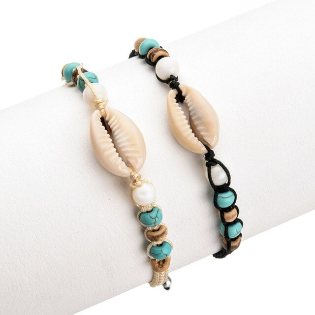 Muschelarmband Doppelte Kauri- Und Weiße Perlen